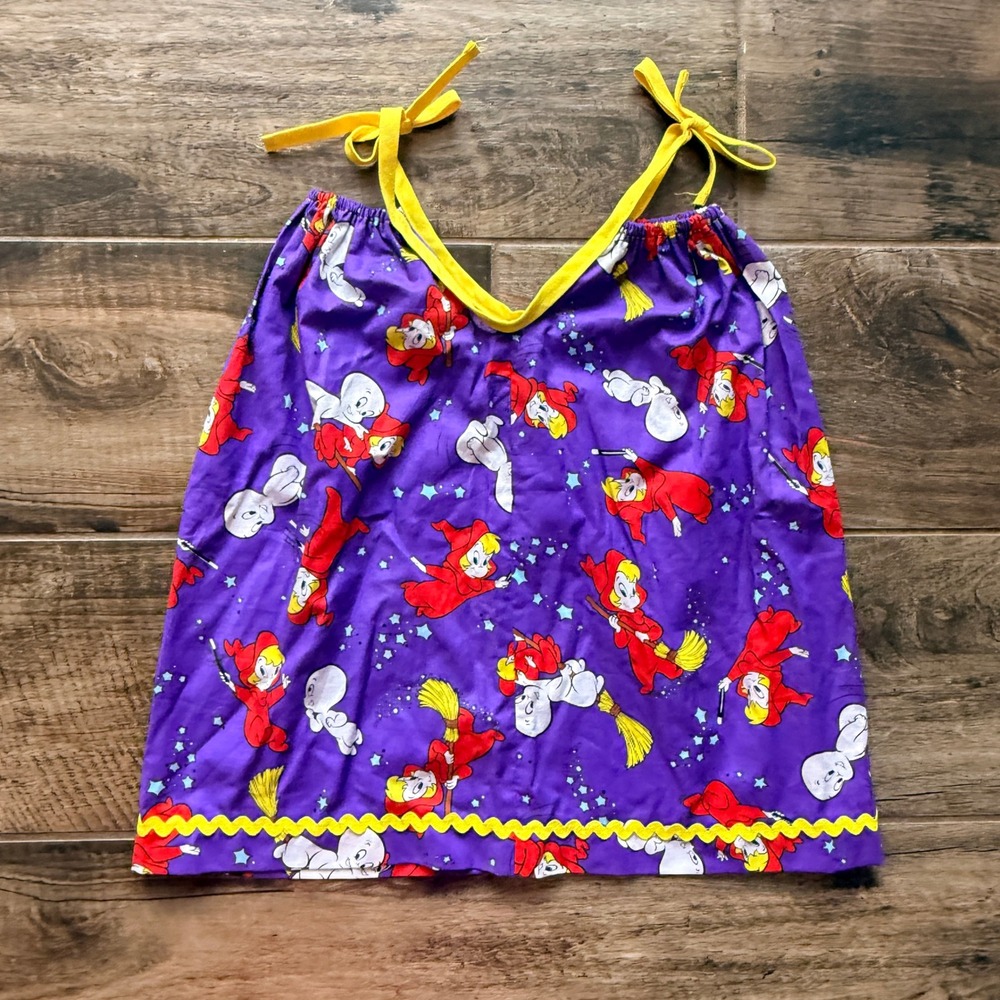 Handmade Girls Casper & Wendy Rickrack Trim Tie Shoulder Dress, Purple Yellow, S